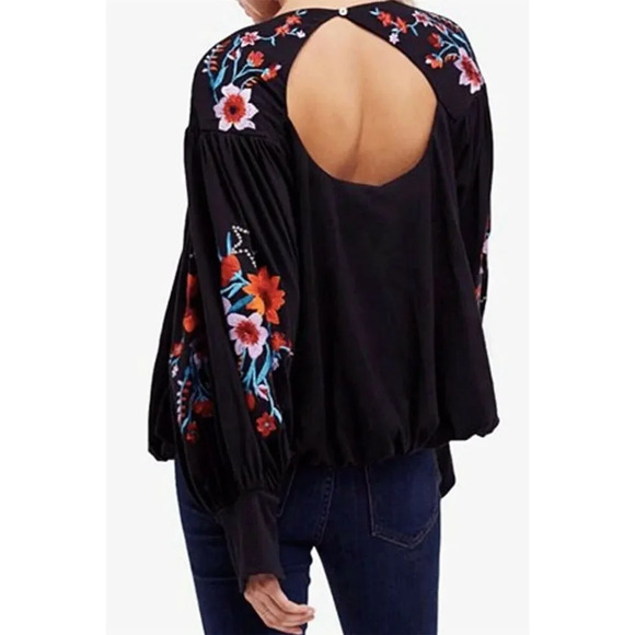 Free People Lita Embroidered Cutout Blouse XS Black Floral Bell Sleeve - Picture 2 of 11